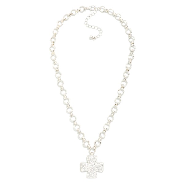 Circle Link Chain Link Necklace Featuring Hammered Metal Plus Cross Pendant 

- Approximately 14" L
- Extender 3" L