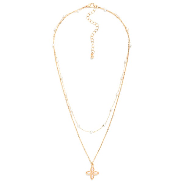 Layered Dainty Chain Link Necklace Featuring Pearl Stations And Flower Pendant 

- Approximately 18" L 