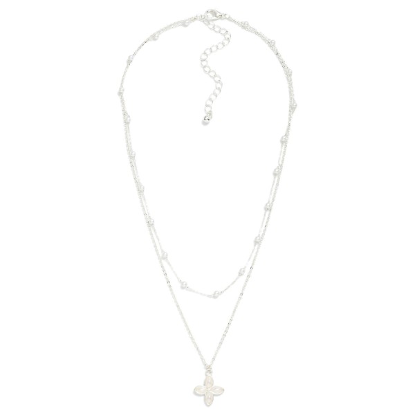 Layered Dainty Chain Link Necklace Featuring Pearl Stations And Flower Pendant 

- Approximately 18" L 