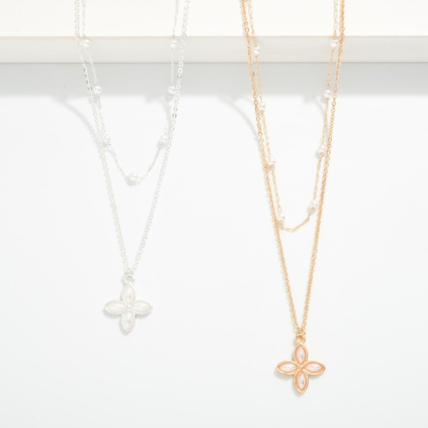 Layered Dainty Chain Link Necklace Featuring Pearl Stations And Flower Pendant 

- Approximately 18" L 