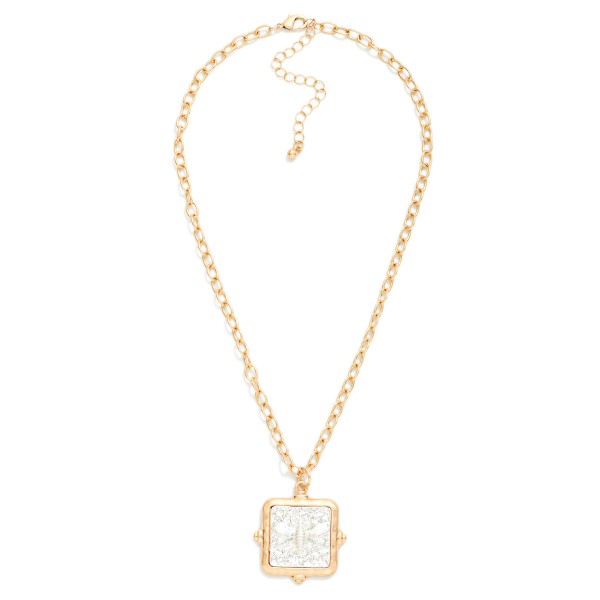 Chain Link Necklace Featuring Two Tone Square Pendant With 3D Bee Detail 

- Approximately 14" L
- Extender 3" L