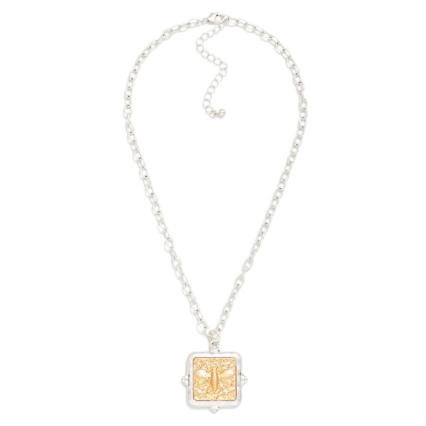 Chain Link Necklace Featuring Two Tone Square Pendant With 3D Bee Detail 

- Approximately 14" L
- Extender 3" L
