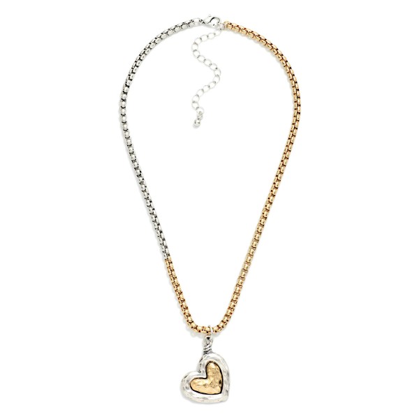 Square Link Chain Link Necklace Featuring Two Tone Hammered Metal Heart Pendant 