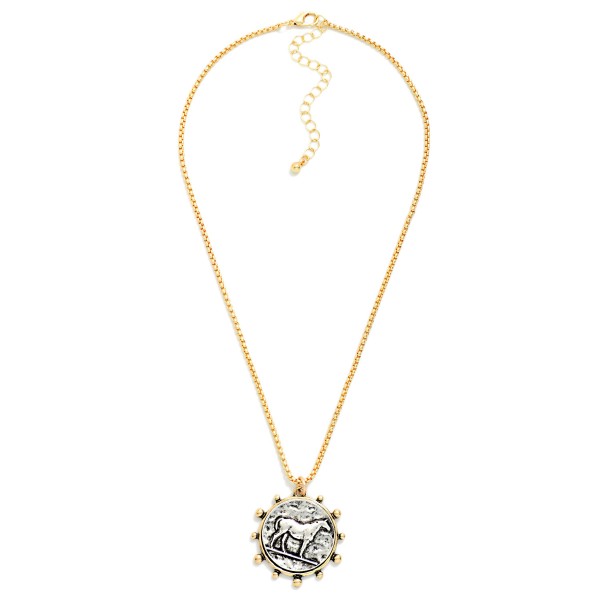 Square Link Chain Link Necklace Featuring Metal Tone Medallion Horse Pendant 

- Approximately 16" L
- Extender 2" L

