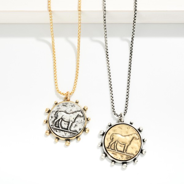 Square Link Chain Link Necklace Featuring Metal Tone Medallion Horse Pendant 

- Approximately 16" L
- Extender 2" L

