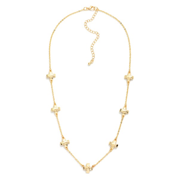 Metal Tone Dainty Chain Link Necklace Featuring Metal Plus Cross Stations 

- Approximately 14" L 
- Extender 2" L 