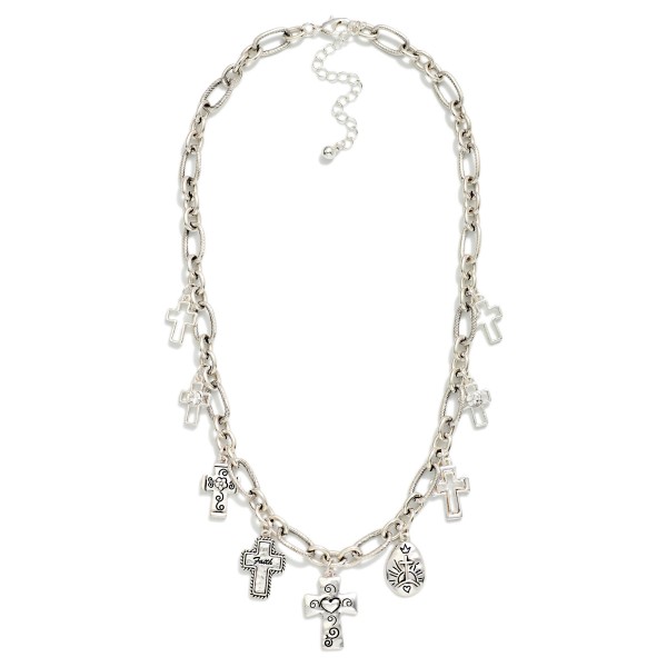 Twisted Metal Link Chain Link Necklace Featuring Engraved Cross Charms 

- Approximately 18" L
- Extender 3" L
