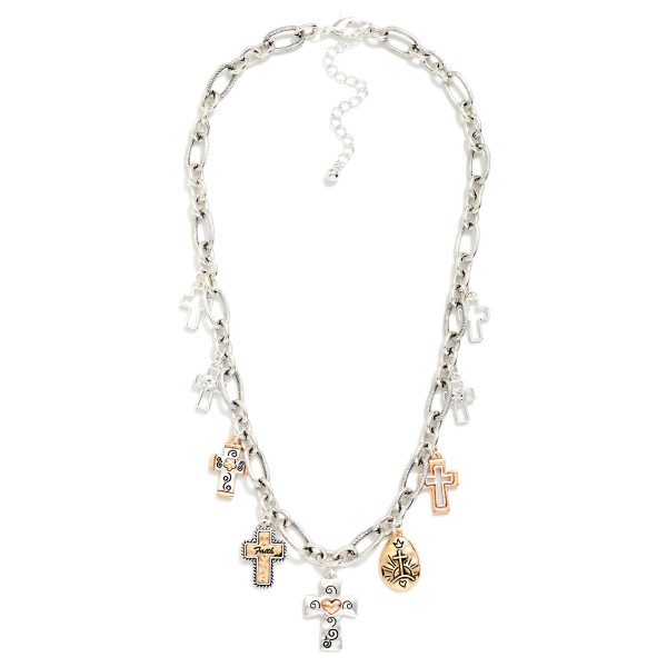 Twisted Metal Link Chain Link Necklace Featuring Engraved Cross Charms 

- Approximately 18" L
- Extender 3" L
