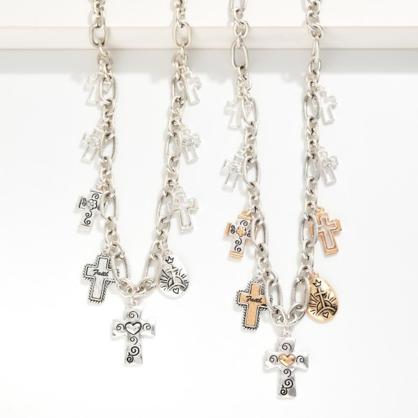 Twisted Metal Link Chain Link Necklace Featuring Engraved Cross Charms 

- Approximately 18" L
- Extender 3" L
