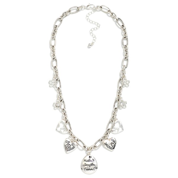 Twisted Link Chain Link Necklace Featuring Flower, Heart, & Mother Daughter Charms 

- Approximately 18" L
- Extender 3" L