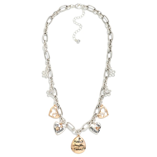 Twisted Link Chain Link Necklace Featuring Flower, Heart, & Mother Daughter Charms 

- Approximately 18" L
- Extender 3" L