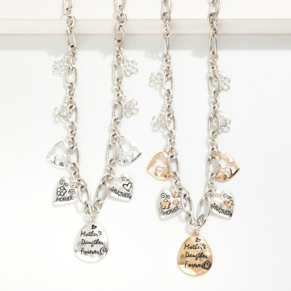 Twisted Link Chain Link Necklace Featuring Flower, Heart, & Mother Daughter Charms 

- Approximately 18" L
- Extender 3" L