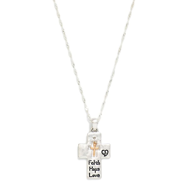 Twisted Chain Link Necklace With Cross Pendant Featuring Nested Cross And Engraved "Faith, Hope, Love" 

- Approximately 18" L 
- Extender 3" L 