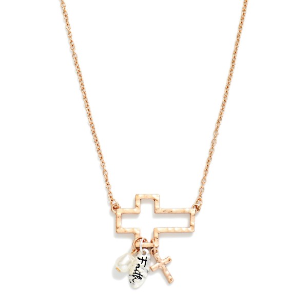 Chain Link Necklace Featuring Hammered Metal Hollow Cross Pendant With "Faith" & Pearl Charms 

- Approximately 18" L
- Extender 3" L