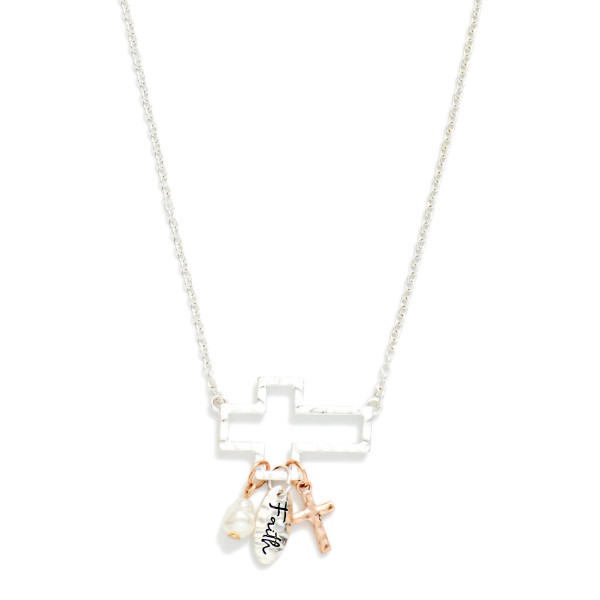 Chain Link Necklace Featuring Hammered Metal Hollow Cross Pendant With "Faith" & Pearl Charms 

- Approximately 18" L
- Extender 3" L
