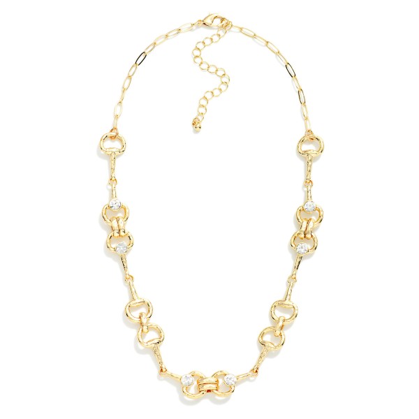 Hammered Metal Horsebit Chain Link Necklace With Rhinestone Details 

- Approximately 18" L
- Extender 3" L