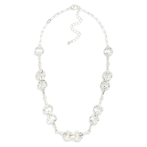 Hammered Metal Horsebit Chain Link Necklace With Rhinestone Details 

- Approximately 18" L
- Extender 3" L