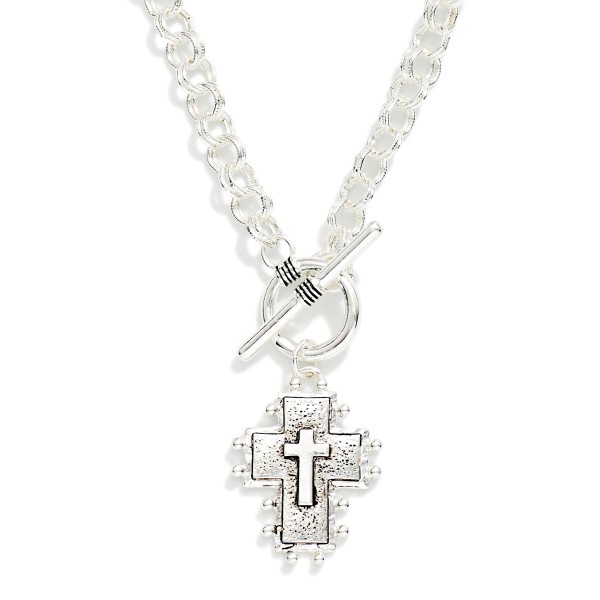 Double Link Chain Link Necklace Featuring Metal Tone Cross Pendant With Studded Edge 

- Approximately 17" L