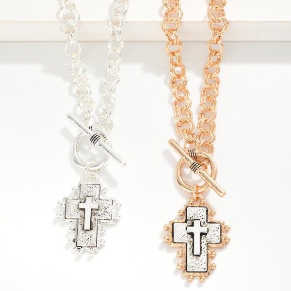 Double Link Chain Link Necklace Featuring Metal Tone Cross Pendant With Studded Edge 

- Approximately 17" L