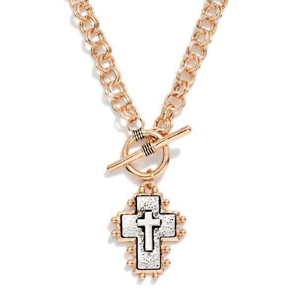 Double Link Chain Link Necklace Featuring Metal Tone Cross Pendant With Studded Edge 

- Approximately 17" L