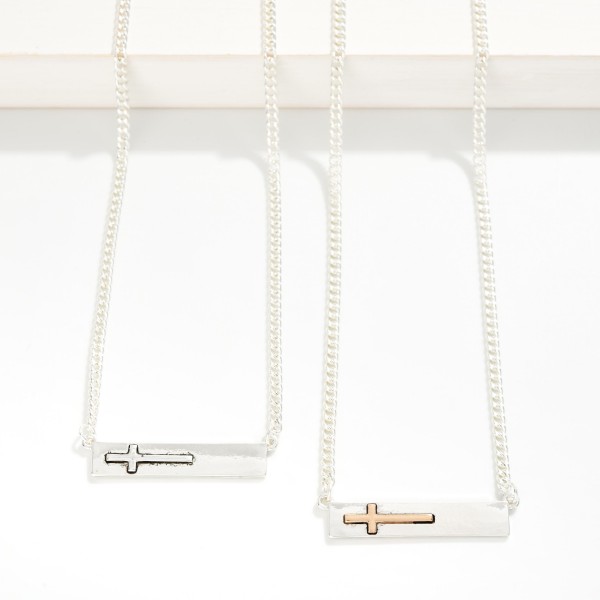 Chain Link Necklace Featuring Metal Tone Bar With Cross Station

- Approximately 18" L
- Extender 3" L