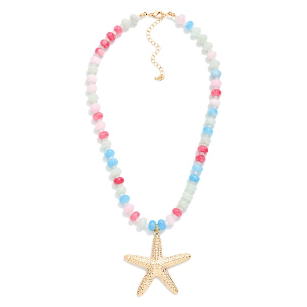 Candy Stone Beaded Necklace Featuring Metal Tone Starfish Pendant 

- Approximately 16" L
- Extender 3" L