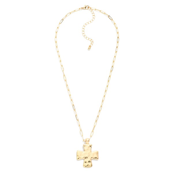 Paperclip Chain Link Necklace Featuring Hammered Metal Plus Cross Pendant 

- Approximately 16" L 
- Extender 3" L 