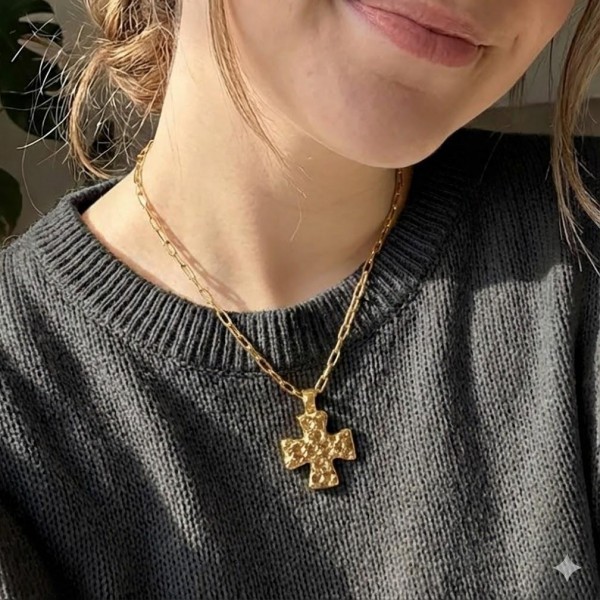 Paperclip Chain Link Necklace Featuring Hammered Metal Plus Cross Pendant 

- Approximately 16" L 
- Extender 3" L 