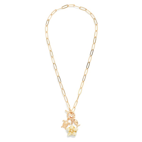 Paperclip Chain Link Necklace Featuring Toggle Clasp Pendant With Metal Tone Turtle, Fish, & Ceramic Starfish Charms 

- Approximately 16" L