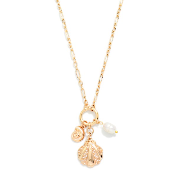 Multi Link Chain Link Necklace Featuring Hoop Pendant with Shell, Fossil, & Pearl Charms 

- Approximately 16" L
- Extender 2" L