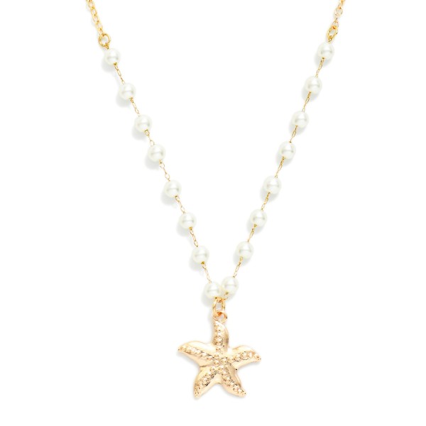 Chain Link Necklace Featuring Pearl Stations & Metal Tone Starfish Pendant 

- Approximately 14" L
- Extender 3"L