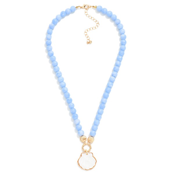 Marbled Acetate Bead Beaded Necklace Featuring Pearlescent & Metal Tone Shells Pendant 

- Approximately 16" L
- Extender 3" L