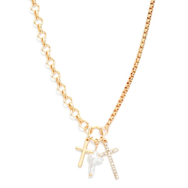 Half Box Chain Half Circle Link Necklace Featuring Pearl & Metal Tone Cross Pendants

- Approximately 16" L
- Extender 3" L