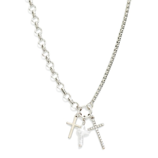 Half Box Chain Half Circle Link Necklace Featuring Pearl & Metal Tone Cross Pendants

- Approximately 16" L
- Extender 3" L