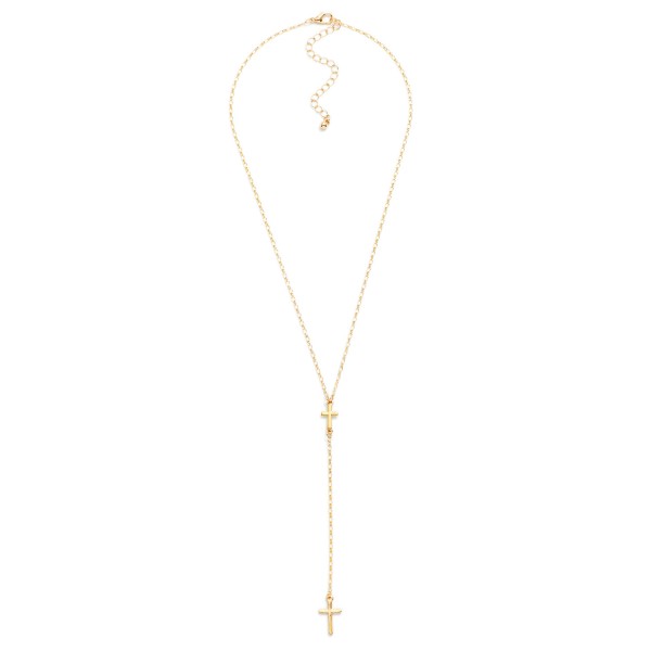 Chain Link Y Necklace Featuring Metal Tone Cross Details 

- Approximately 16" L
- Extender 3" L