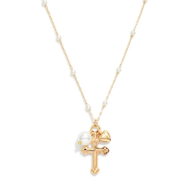 Chain Link Necklace With Pearl Stations Featuring Metal Tone Baroque Cross & Pearl Pendant 

- Approximately 14" L
- Extender 3" L
