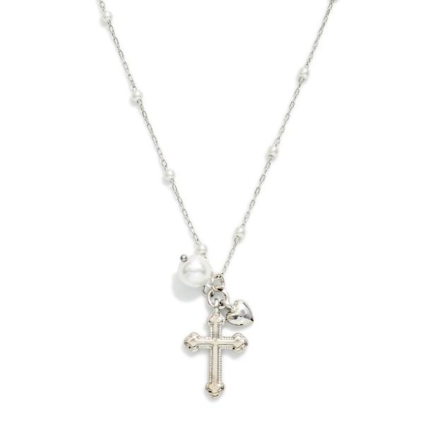 Chain Link Necklace With Pearl Stations Featuring Metal Tone Baroque Cross & Pearl Pendant 

- Approximately 14" L
- Extender 3" L
