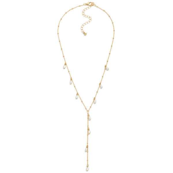 Chain Link Y Necklace Featuring Mini Baroque Pearl Charms 

- Approximately 14" L
- Extender 3" L
