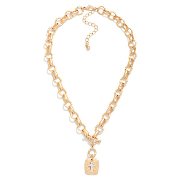 Circle Link Chain Link Necklace Featuring Hammered Metal Square & Cross Pendant  With Toggle Clasp 

- Approximately 14" L