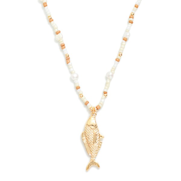 Seed Bead Beaded & Pearl Necklace Featuring Metal Tone Fish Pendant 

- Approximately 14" L
- Extender 3" L
