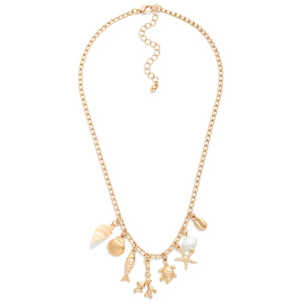 Flat Chain Chain Link Necklace Featuring Metal Tone Beach Charms & Shells 

- Approximately 14" L
- Extender 3" L