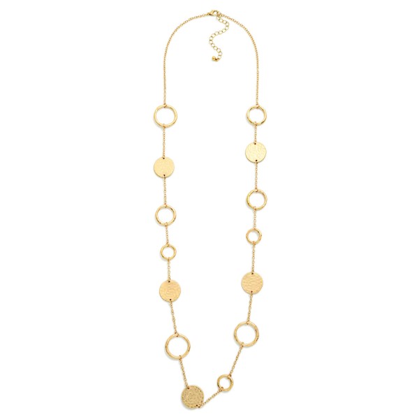 Long Chain Link Necklace Featuring Hammered Metal Medallion & Hoop Stations 

- Approximately 38" L
- Extender 3" L