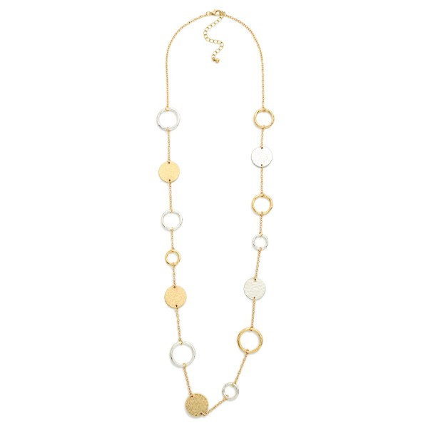 Long Chain Link Necklace Featuring Hammered Metal Medallion & Hoop Stations 

- Approximately 38" L
- Extender 3" L
