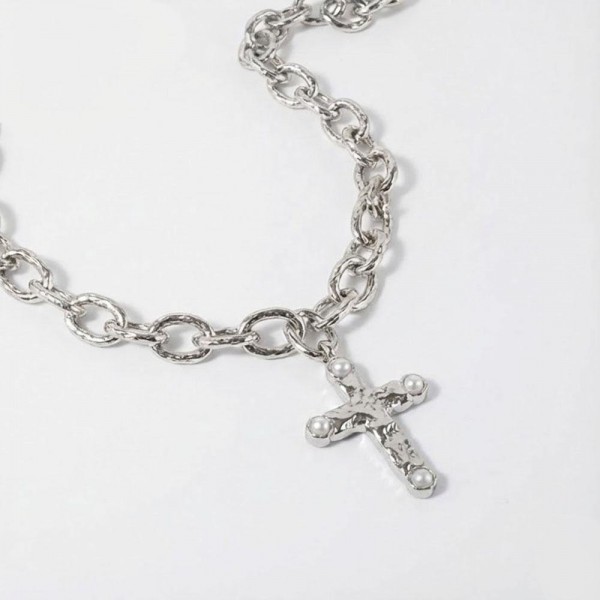 Chain Link Necklace Featuring Metal Tone Cross Pendant With Pearl Detail

- Approximately 20" L 
- Extender 3" L 
