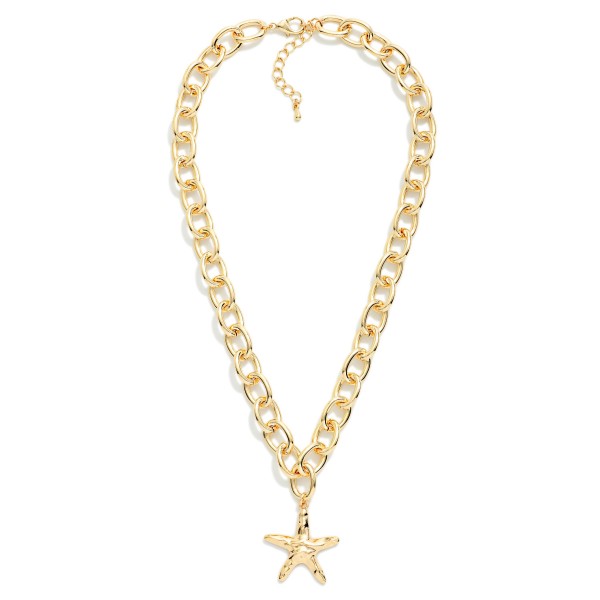 Chunky Chain Link Necklace Featuring Metal Tone Starfish Pendant 

- Approximately 16" L
- Extender 2" L