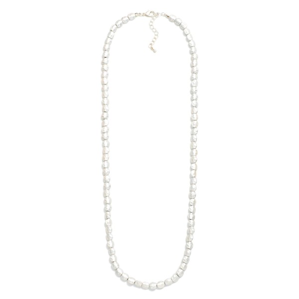 Long Hammered Metal Nugget Beaded Necklace

- Approximately 24" L
- Extender 3" L 