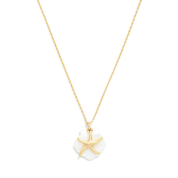 Dainty Chain Link Necklace Featuring Pearlescent Shell & Metal Tone Starfish Pendants 

- Approximately 12" L
- Extender 2" L
