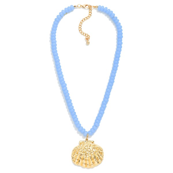 Candy Bead Beaded Necklace Featuring Metal Tone Shell Pendant 

- Approximately 20" L 
- Extender 3" L 