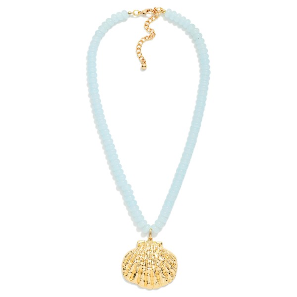 Candy Bead Beaded Necklace Featuring Metal Tone Shell Pendant 

- Approximately 20" L 
- Extender 3" L 