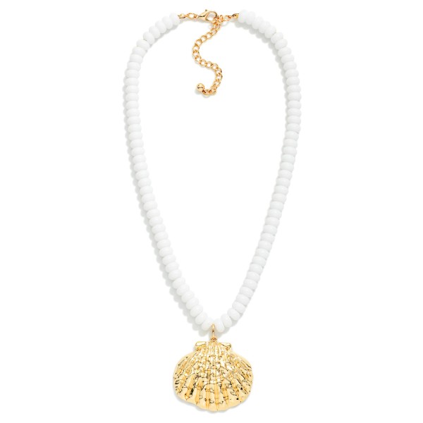 Candy Bead Beaded Necklace Featuring Metal Tone Shell Pendant 

- Approximately 20" L 
- Extender 3" L 